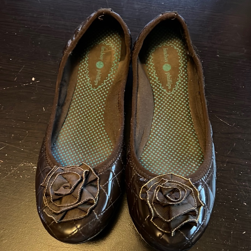 Lindsay Phillips Brown Patent Liz Ballet Flat, w/ extra Snap, 8